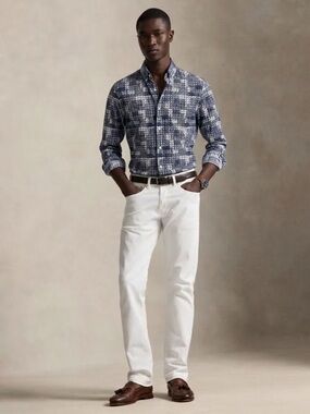 Massimo Dutti Navy and White Patterned Casual Button-Down Shirt